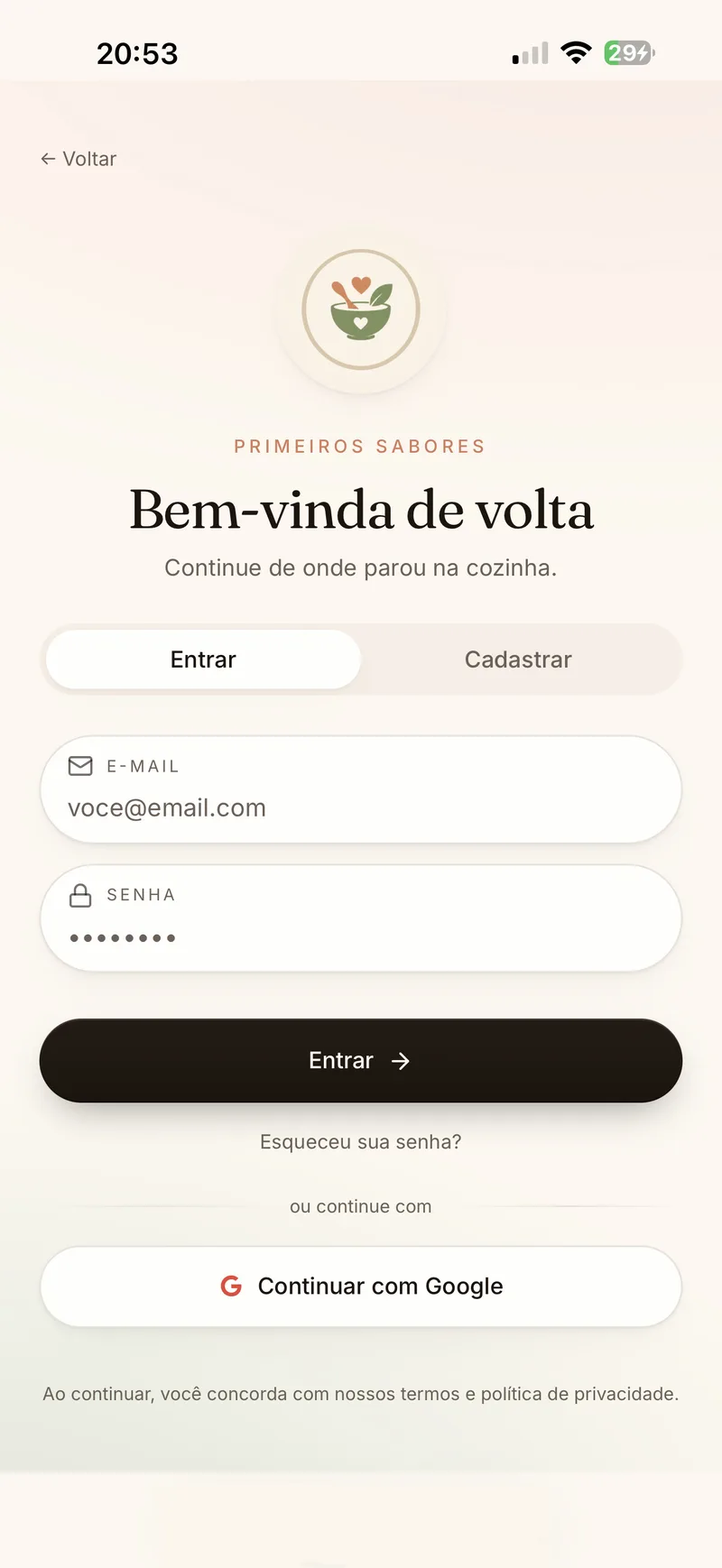 Tela de login do app